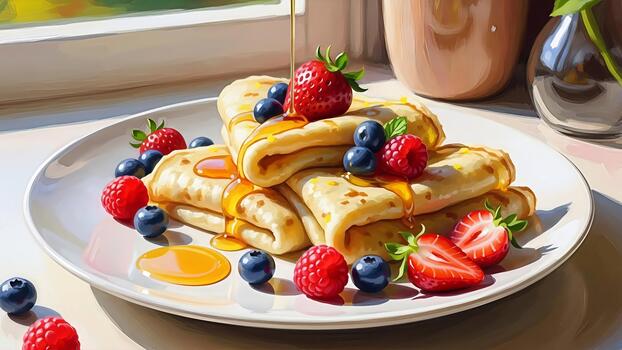 Delicate crepes adorned with luscious berries and a cascade of golden syrup delight photo