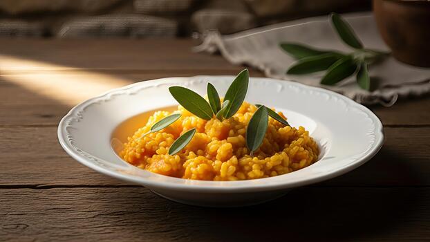 Delicate butternut squash risotto presented on a rustic wooden table surface photo