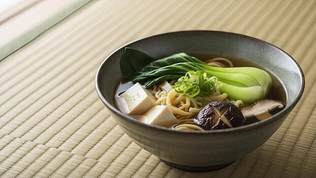 delicado arreglo de tofu y vegetales en un rústico bol, ofrecimiento un saludable culinario foto