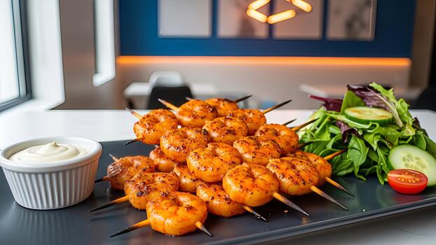 Delectable shrimp skewers presented with creamy dipping sauce and refreshing salad photo