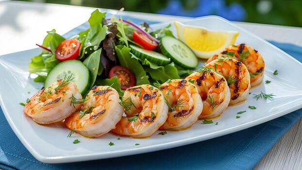 delicioso A la parrilla camarón adornado con eneldo acompañado por un vibrante ensalada y picante limón rebanada foto