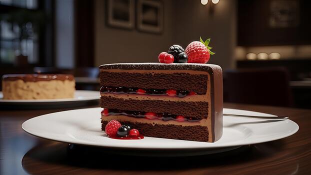 Decadent chocolate cake slice with fresh berry toppings in a restaurant setting photo