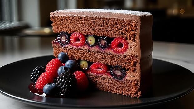 Decadent chocolate cake slice adorned with an assortment of fresh mixed berries photo