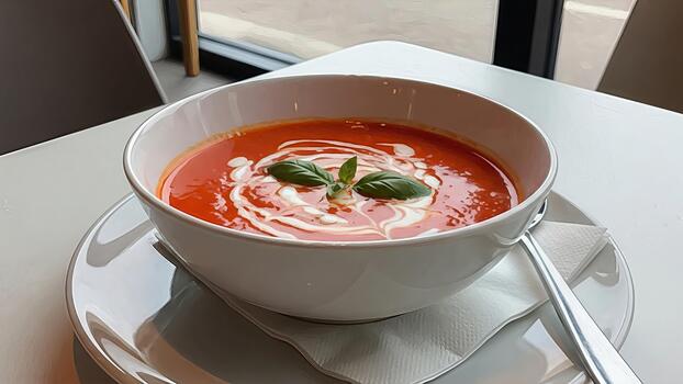 Creamy tomato soup with fresh basil garnish served on a white table top photo