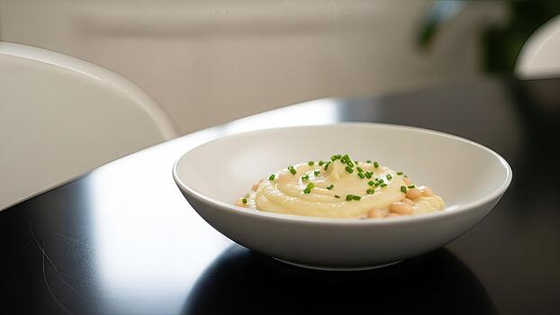 cremoso chirivía puré con Cannellini frijoles y Cortado cebollín esmeradamente presentado en un blanco cuenco foto