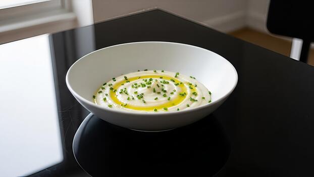 cremoso chirivía puré esmeradamente presentado en un prístino blanco cuenco en un oscuro lustroso superficie foto