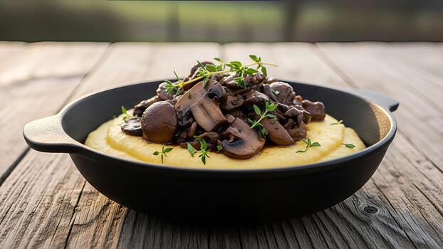 Creamy polenta topped with sauteed mushrooms and aromatic thyme on rustic wood table photo