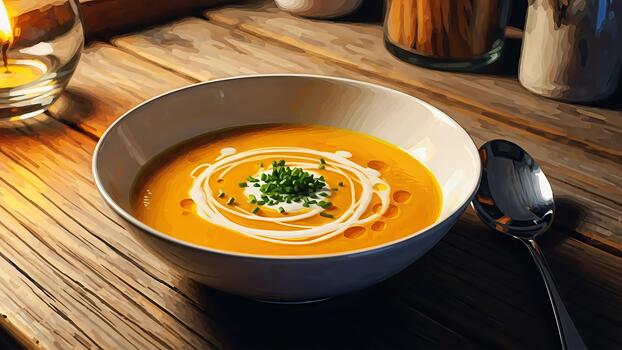 cremoso nuez squash sopa con cebollín y remolino crema en rústico mesa ambiente foto