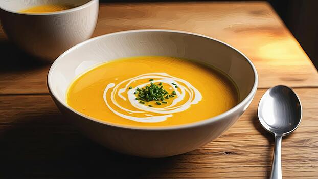 cremoso nuez squash sopa con elegante remolino de crema y Fresco cebollín Listo a servir foto