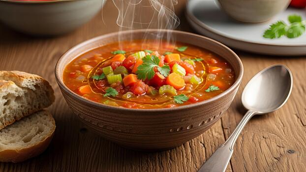 consolador vegetal sopa en un rústico cuenco con aromático vapor creciente encima eso foto
