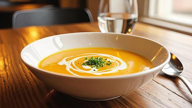 Comforting butternut squash soup with cream swirl and chives on wooden table photo