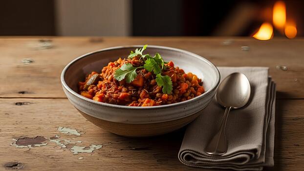 consolador lenteja estofado presentado en rústico de madera mesa con amable Encendiendo foto