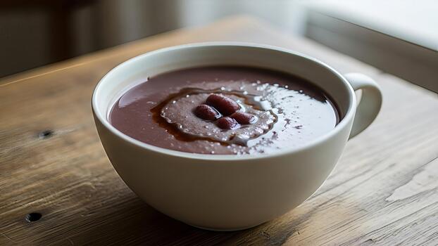 consolador cuenco de rojo frijol sopa en de madera superficie, un sencillo y rústico culinario experiencia foto