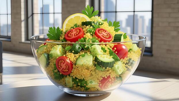 vistoso quinua ensalada con Fresco vegetales y agrios adornar en brillante ajuste foto