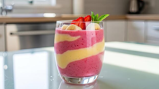 vistoso en capas zalamero con Fresco frutas en un vaso en un cocina mostrador Listo a servir para un foto