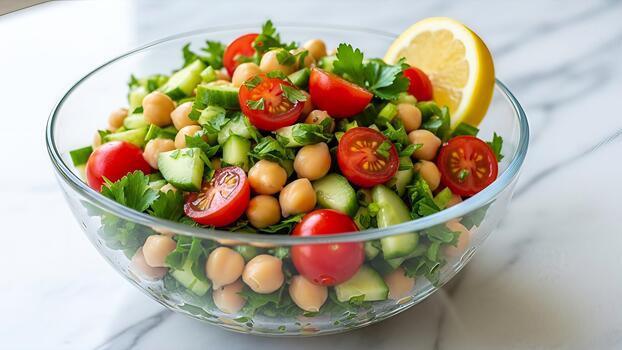 vistoso garbanzo ensalada con Fresco pepino, Tomates y limón servido en cuenco foto