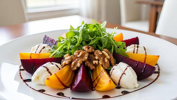 vistoso remolacha ensalada con Rúcula nueces cabra queso y balsámico vidriar en un plato foto