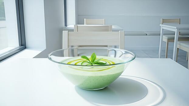 enfriado Pepino sopa esmeradamente presentado en un iluminado por el sol mesa en un minimalista comida ajuste foto