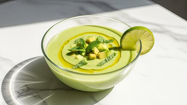 enfriado aguacate sopa en un vaso cuenco adornado con Lima y menta ofrecimiento un refrescante ligero foto