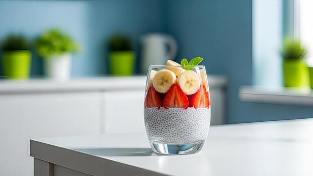 chia semilla pudín en capas con Fresco fresas y bananas en un cocina ajuste foto