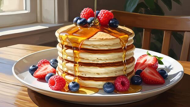 Captivating pancake stack embellished with radiant honey and mixed berries for a delightful photo