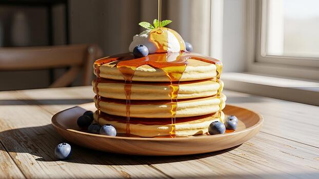 Captivating Still Life of Fluffy Pancakes with Maple Syrup and Fresh Blueberries photo