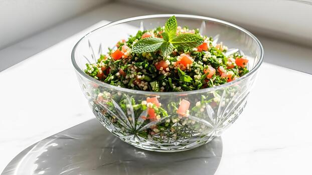 brillante tabulé ensalada desplegado en un decorativo cristal cuenco en un blanco superficie foto