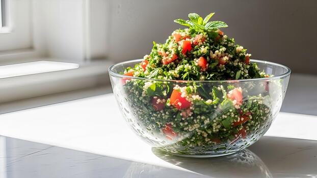 Bright and vibrant tabbouleh salad overflowing in a clear glass bowl near a window photo