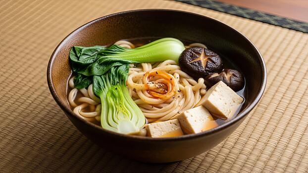 auténtico udon fideos sopa presentación con Fresco estacional ingredientes en rústico cuenco foto
