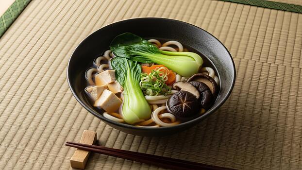 Authentic Udon Noodle Soup with Bok Choy and Tofu on Tatami Mat Setting photo