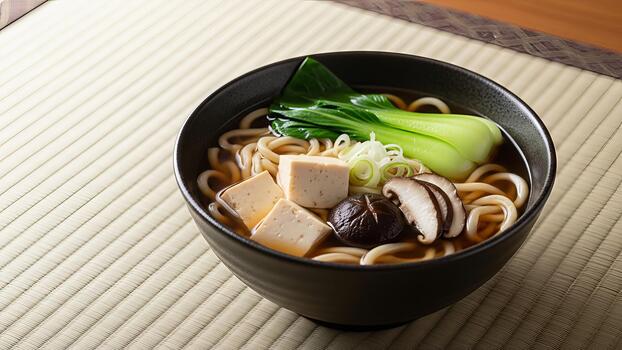 auténtico japonés udon fideos sopa con tofu y shitake, un consolador culinario deleite foto