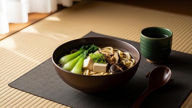 Authentic japanese udon noodle soup with tofu and greens on a tatami mat setting photo