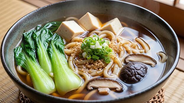 auténtico japonés udon fideos sopa con tofu, hongos y bok choy en sabroso caldo foto