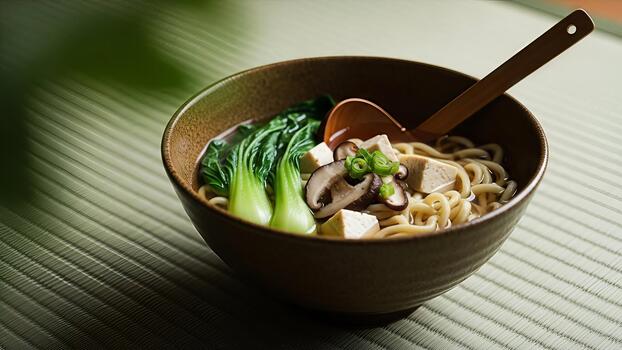 Authentic japanese udon noodle soup with tofu and bok choy, rustic culinary art photo