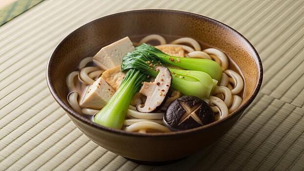 Authentic japanese udon noodle soup with tofu and bok choy on tatami mat photo