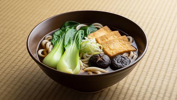 auténtico japonés udon fideos sopa con tofu y bok choy en tradicional estera foto