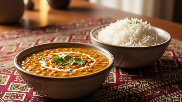 Authentic indian lentil dal served alongside fluffy basmati rice on a patterned tablecloth photo
