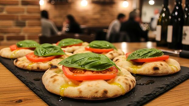 Authentic italian focaccia topped with tomato and basil served in restaurant setting photo