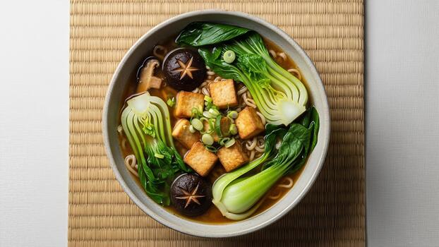 Authentic bowl of ramen soup with bok choy and fried tofu creating culinary delight photo