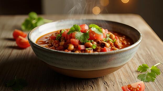auténtico ojos negro guisante plato con un cálido, atractivo rústico presentación en madera mesa foto