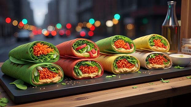 Assorted vibrant wrap sandwiches arrayed on a dark wood surface against a city backdrop photo