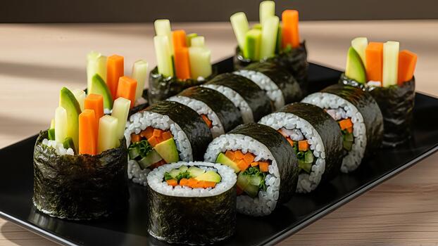 Artistic vegetable sushi display with fresh colorful ingredients on a black platter photo