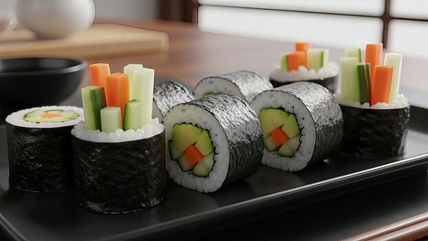 Artistic sushi rolls with colorful vegetable sticks displayed on a black plate photo