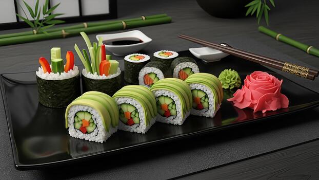 Artistic sushi arrangement featuring vegetable rolls and traditional elements presentation photo