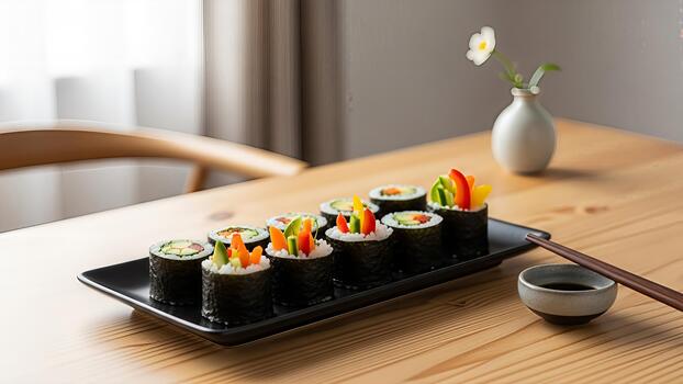 artístico Sushi rollos monitor con vegetal coberturas en un moderno minimalista mesa ajuste foto