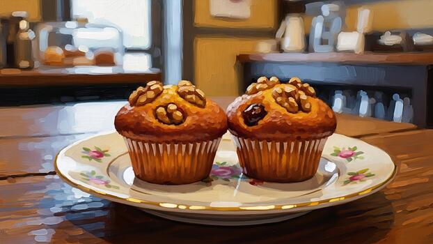 Artistic rendition of homemade walnut muffins on a decorated plate in a bakery setting photo