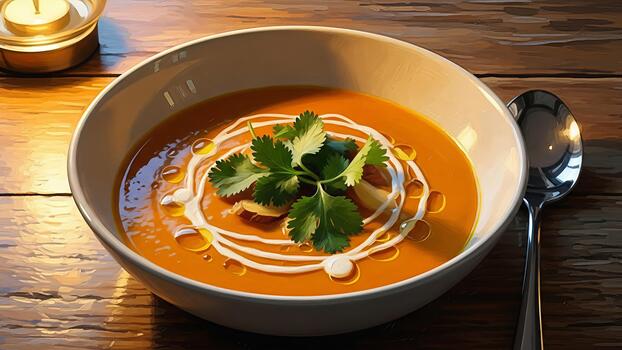Artistic representation of pumpkin soup with cilantro garnish and cream swirls set on wooden photo
