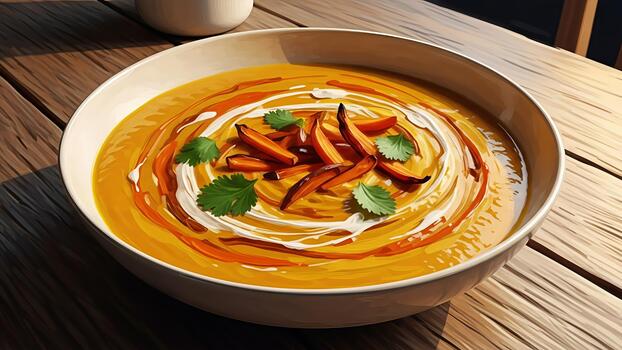 Artistic representation of carrot ginger soup in a minimalist bowl on wood surface photo