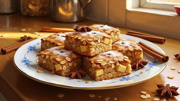 Artistic rendition of homemade apple and oat squares on a decorative plate photo