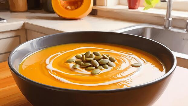 artístico interpretación de cremoso calabaza sopa adornado con pepitas en un acogedor cocina ajuste foto